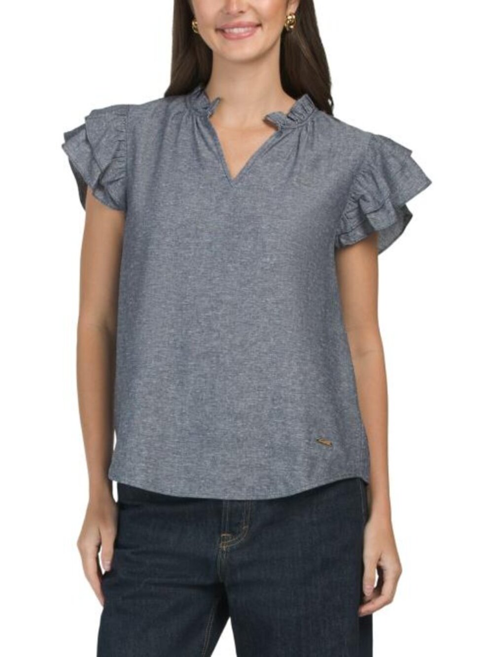 ANNE KLEIN Linen Blend Ruffle Sleeve Blouse - Picture 1 of 4